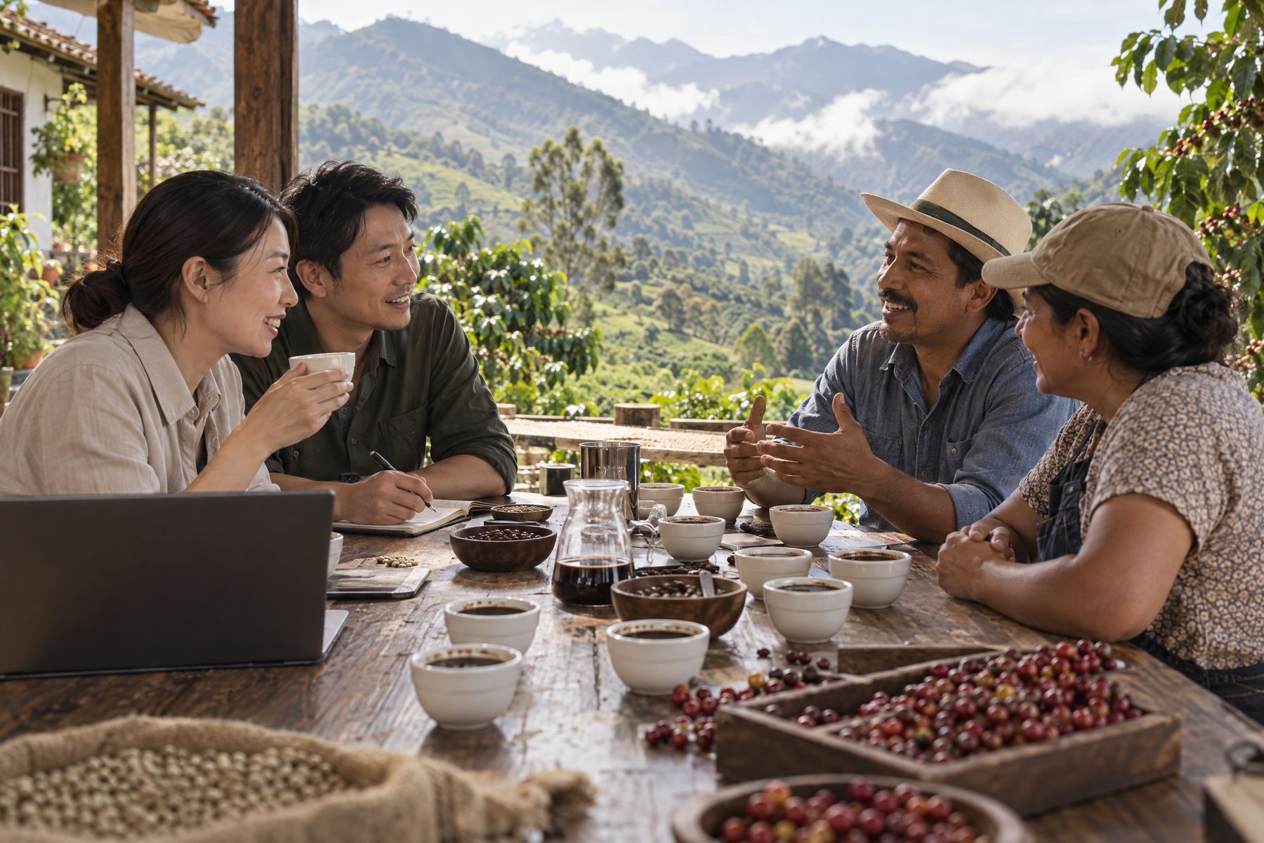 Chinese coffee buyers and Colombian producers in conversation at a cupping table