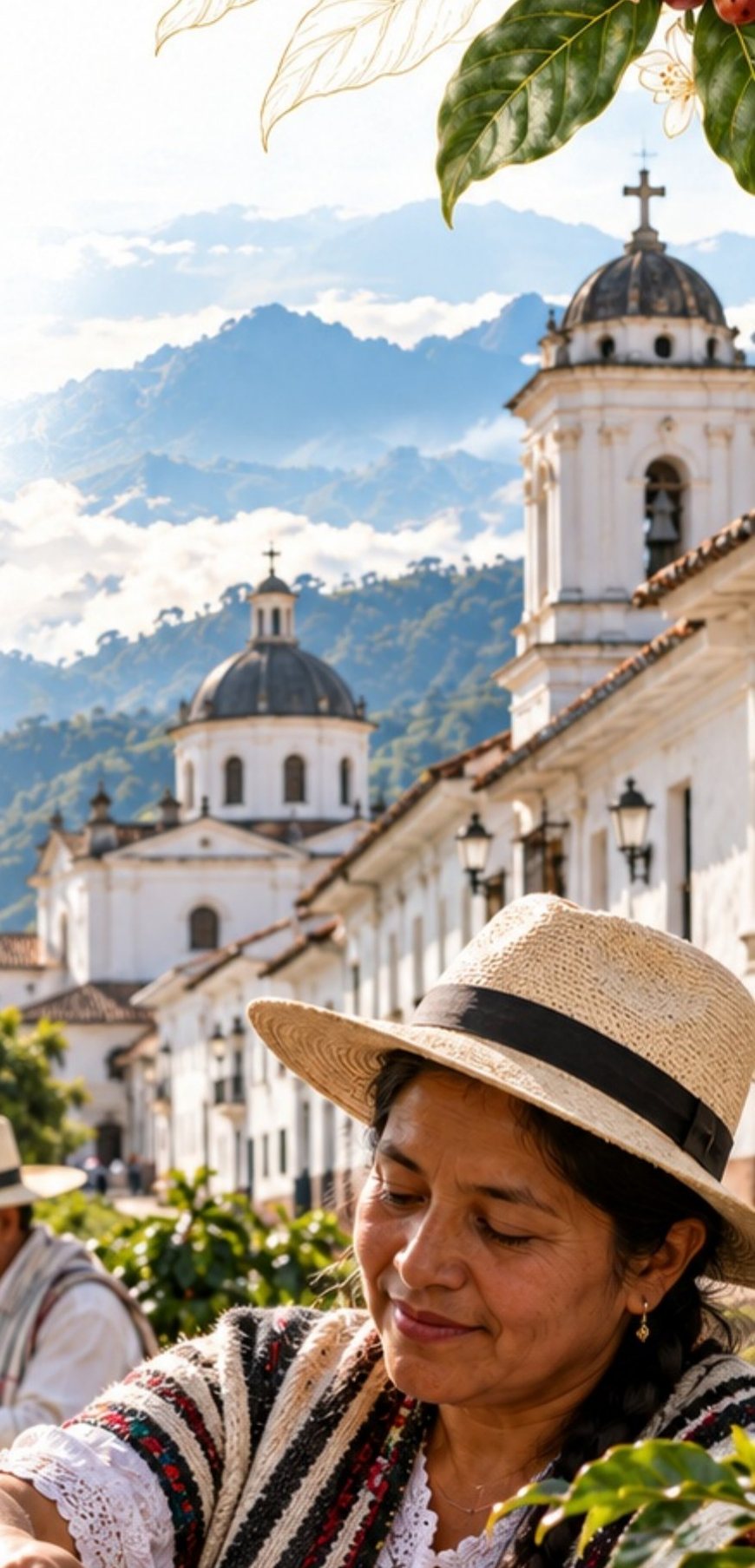 Coffee producer in traditional dress in front of the heritage architecture of Popayán