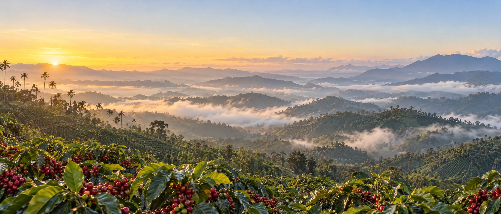Panoramic view of the Colombian Andes coffee region at dawn