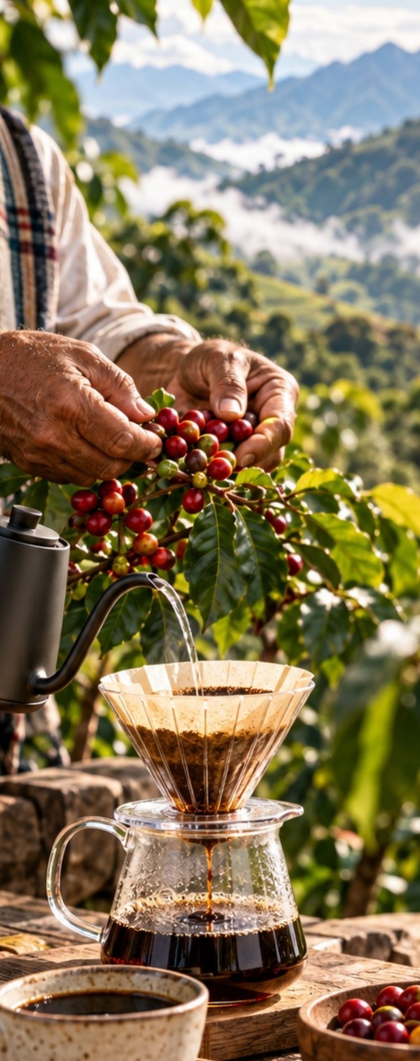 Pour-over brewing beside freshly picked coffee cherries in the mountains