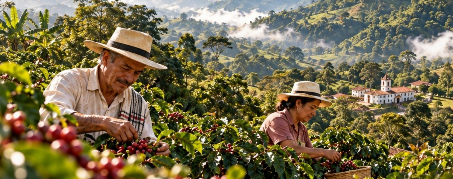 Coffee pickers among the hills of Huila with the town of San Agustín below