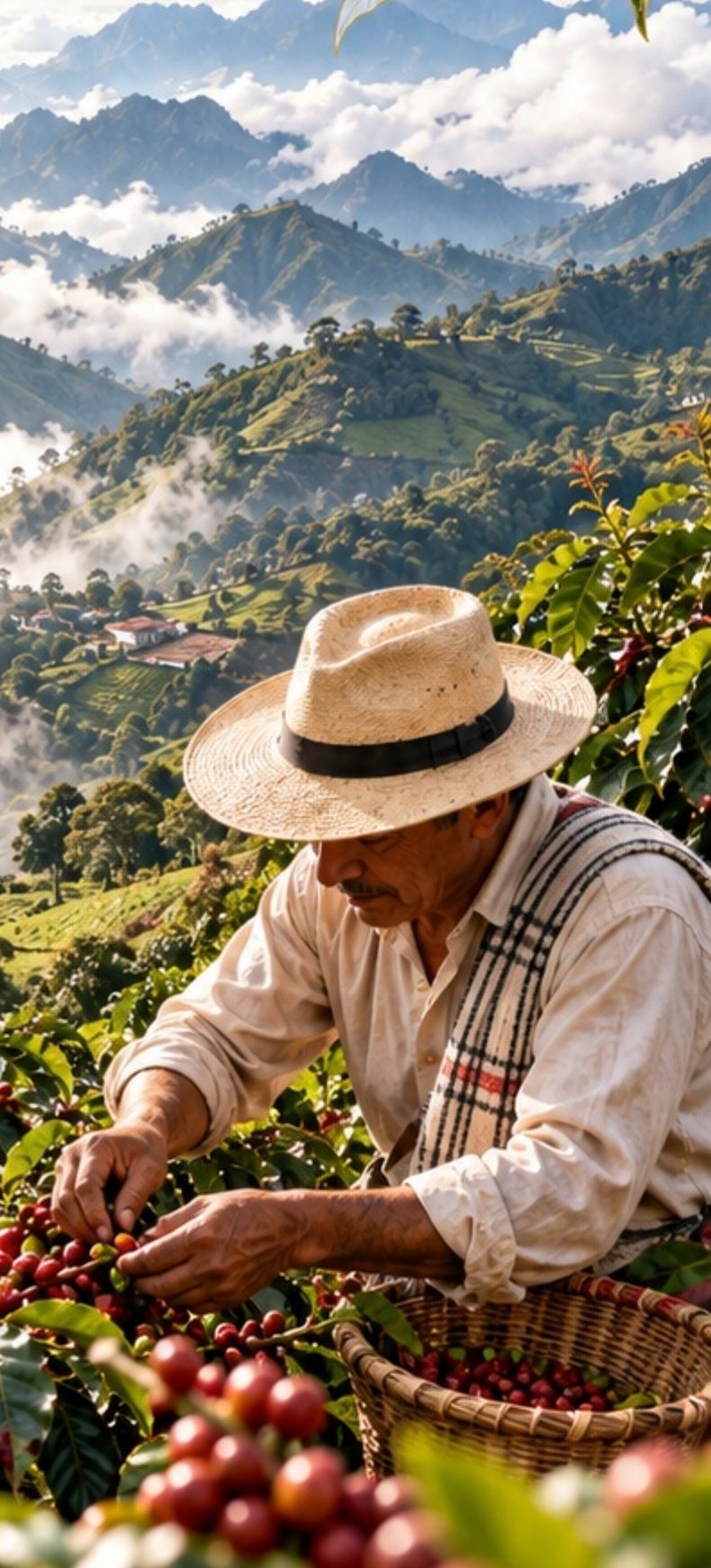 Producer harvesting coffee cherries on the high slopes of Nariño